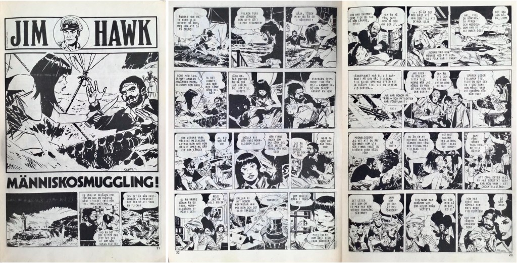 Inledande sidor Jim Hawk (Air Hawk and the Flying Doctors) av John Dixon och Hart Amos, ur Nya Seriemagasinet nr 20, 1977. ©NEA