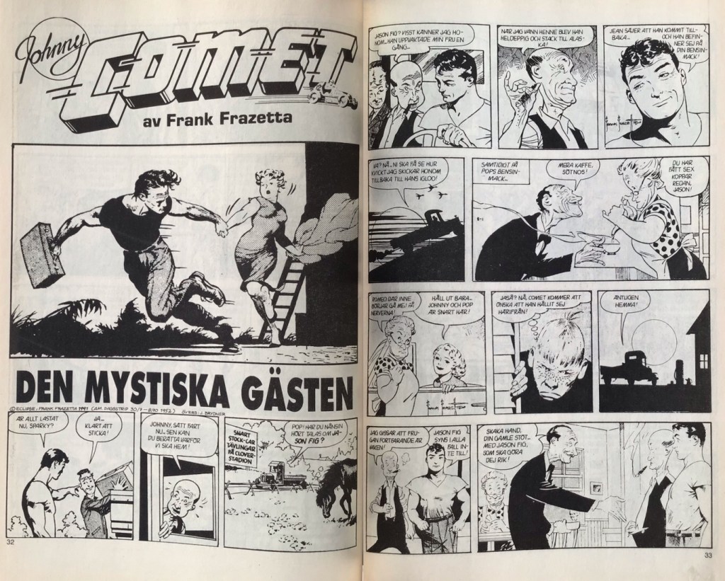 Inledande uppslag med Johnny Comet av Frank Frazetta, ur Agent X9 nr 2, 1993. Den mystiske gästen var ursprungligen publicerad från 30 juli till 8 oktober 1952. ©Eclipse/Frazetta