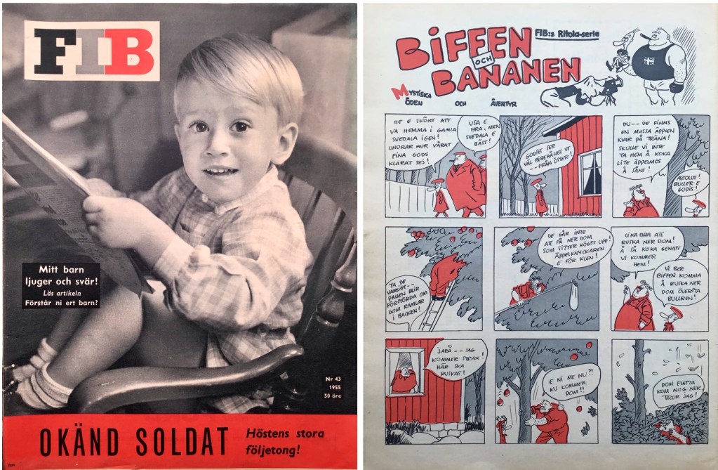 Omslag till Folket i Bild nr 43, 1955, och Biffen och Bananen-episoden i samma nummer. ©Garland