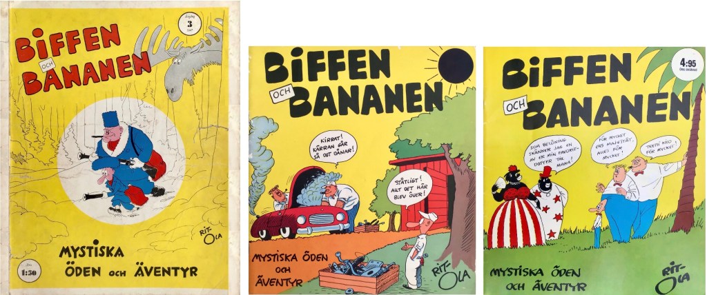 Tre julabum från 40-, 50- och 60-talet med Biffen och Bananen (1947, 1958, 1968). ©Åhlén&Åkerlund