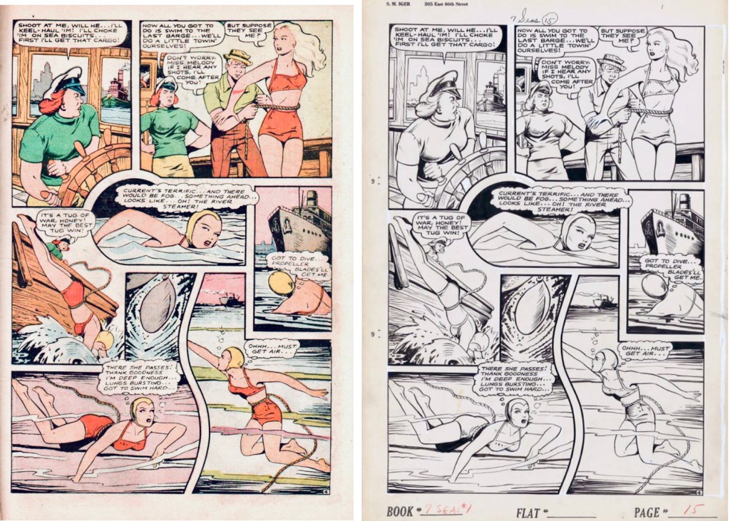 Sidan 4 med "Tugboat Tessie" tecknad av Matt Baker, ur Seven Seas Comics #1 (1946), och motsvarande sida i original. ©Universal Phoenix/Baker