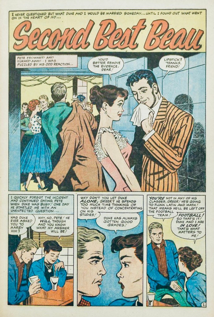 Inledande sida med “Second Best Beau” ur Hi-School Romance #75 (1958). ©Harvey