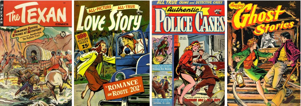 Omslag till The Texan #7 (1950), All Picture All True Love Story #1 (1952),
 Police Cases #33 (1954) och Amazing Ghost Stories #16 (1955). ©St. John