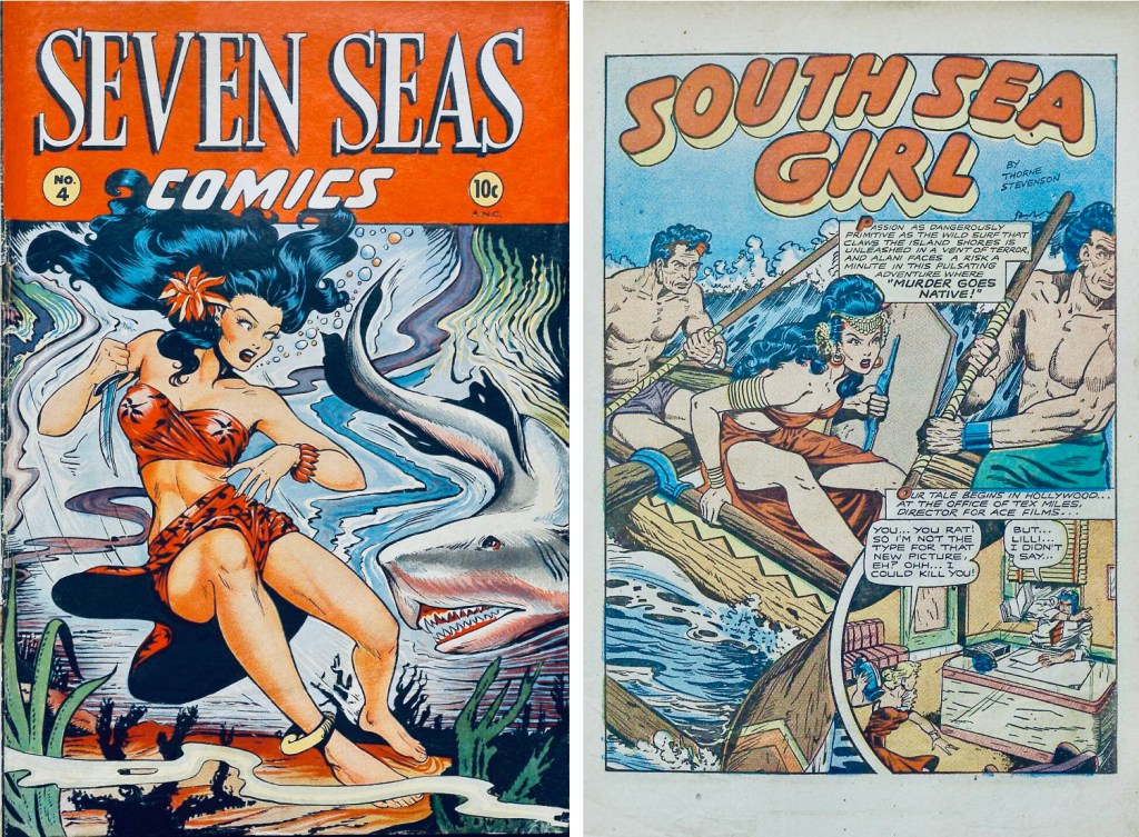 Omslag till Seven Seas Comics #4 (1954), och inledande sida med South Sea Girl, tecknad av Matt Baker. ©Leader