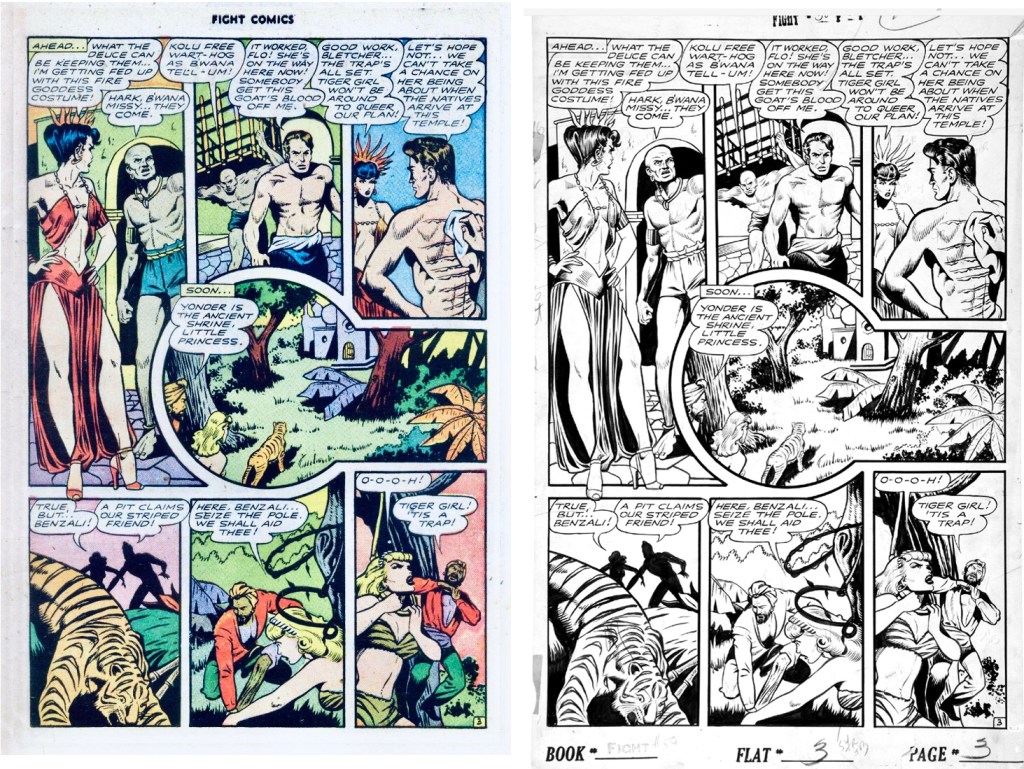 En sida och motsvarande original med Tiger Girl, ur Fight Comics #50 (1947). ©Fight Stories
