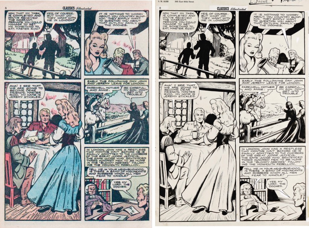 Sidan 8 ur Classic Comics #32 (1946), utgiven som Classics Illustrated #32, och motsvarande sida i original. ©Gilberton/Baker