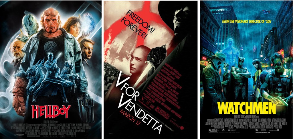 Filmaffischer för ”Hellboy” (2004), ”V for Vendetta” (2005) och ”Watchmen” (2009). ©Sony/Warner/Paramount
