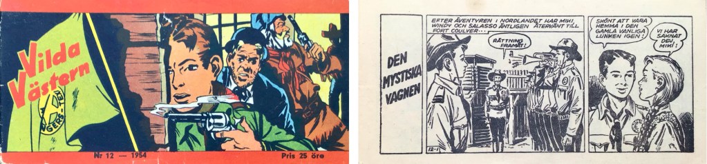 Omslag till Vilda västern nr 12, 1954, och inledande sida med ”Den mystiska vagnen”. ©Dardo