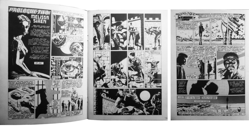Serieroman eller serietidning? Ett prologuppslag, och en epilogsida ur Sabre (1978). ©McGregor/Gulacy