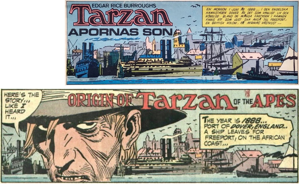 Första serierutan ur Tarzan Extra nr 2, 1972 och motsvarande serieruta ur Tarzan #207 (1972). ©Williams/DC/ERB