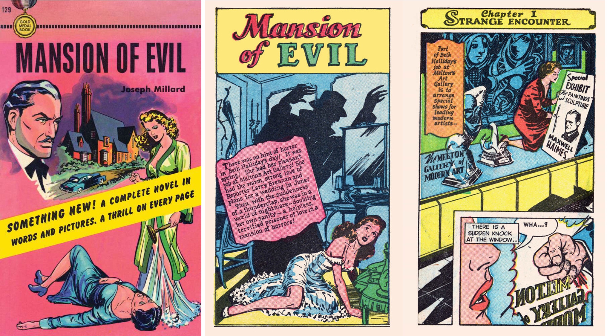 Omslag till Mansion of Evil (1950) och inledande uppslag ur den 192 sidor långa serien i elva kapitel. ©Fawcett
