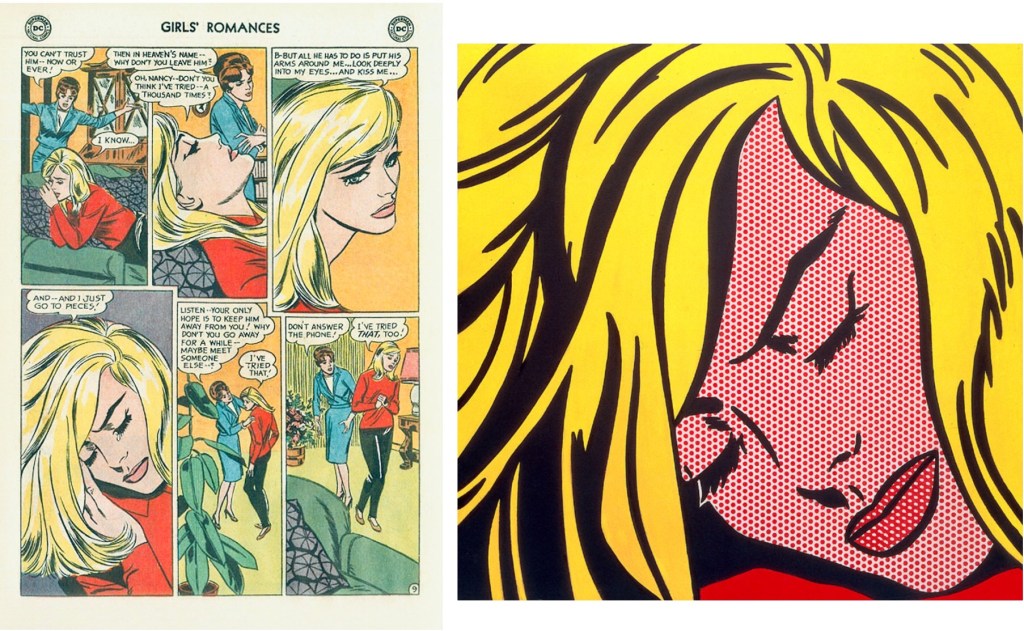 En sida ur ”Don't Kiss Me Again!” tecknad av Tony Abruzzo ur Girls’ Romances #105, (1964) från DC, och ”Sleeping Girl” (1964). ©DC/Lichtenstein