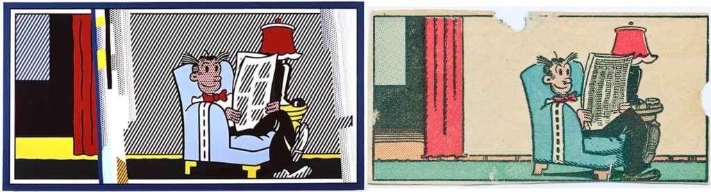 Lichtenstein kopierade Chic Young: En serieruta ur Feature Book #29 Blondie at Home Sweet Home (1942) från McKay, och ”Reflections: Sunday Morning” (1989). ©Lichtenstein/Young