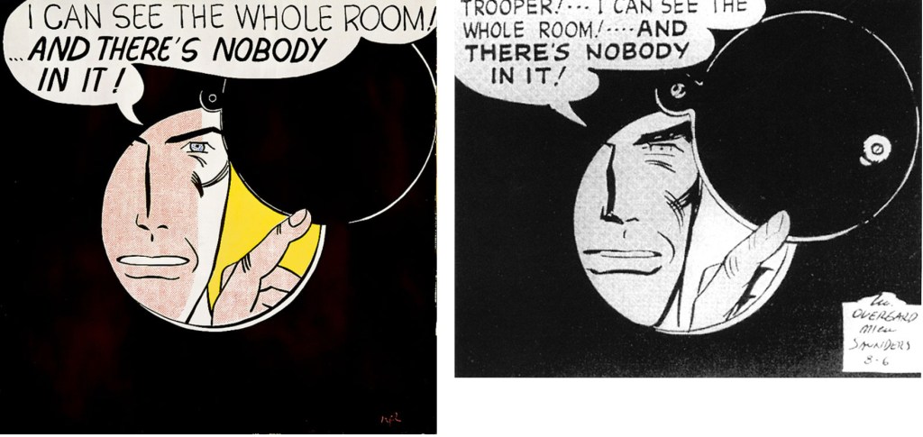 Lichtenstein kopierade William Overgard: En serieruta ur Steve Roper från 1961, och ’I Can See the Whole Room! ... And There"s Nobody in it!’ (1961). ©Lichtenstein/Publishers