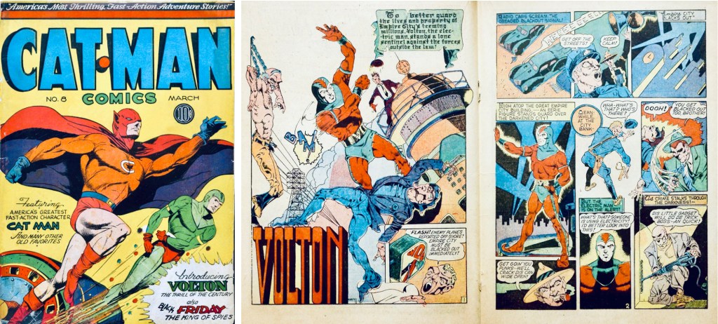 Omslag till Catman Comics #8 (1942) och inledande uppslag med serien om Volton. ©Holyoke 