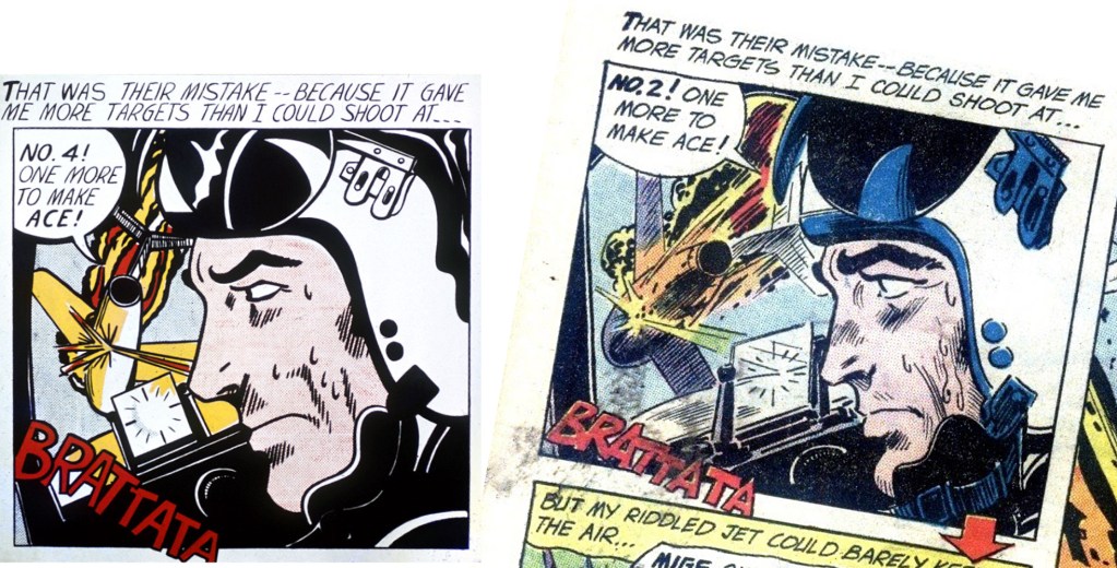 Lichtenstein kopierade Russ Heath: En serieruta ur All American Men of War #89 (1962), och ’Brattata’ (1962). ©Lichtenstein/Chicago Tribune