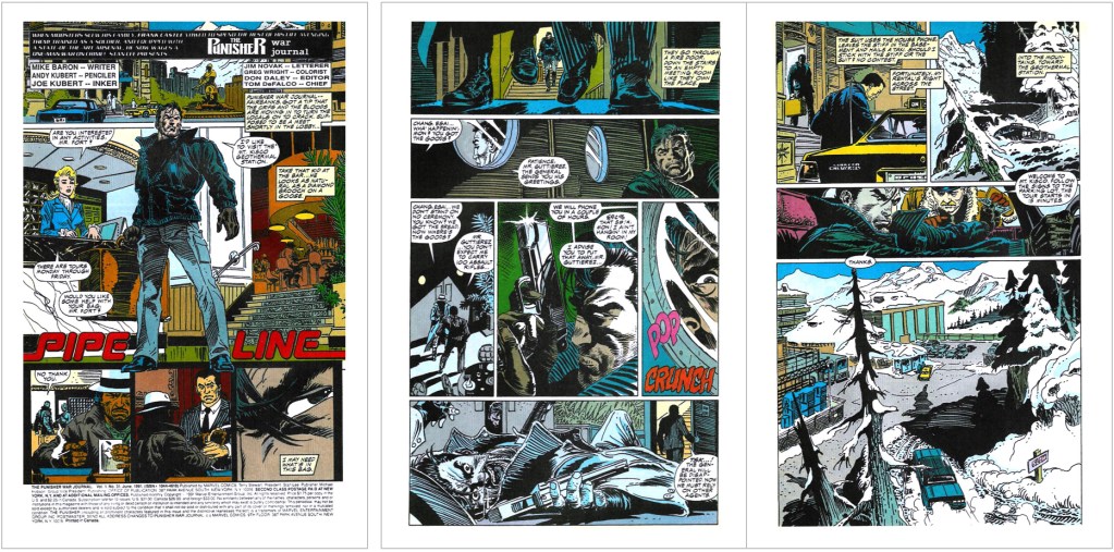 Inledande sidor med Punisher av Mike Baron (manus), Andy Kubert (skiss) och Joe Kubert (tusch) ur Punisher War Journal #31 (1991). ©Marvel