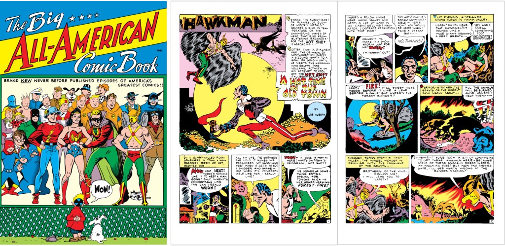 Omslag till The Big All-American Comic Book #1 (1944) och inledande uppslag ur ’A Hot Time in Old Town’ med Hawkman av Joe Kubert. ©Comic Magazines