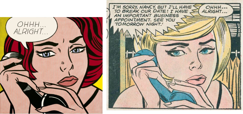 En serieruta ur Secret Hearts #88 (1963) från DC, och ”Ohhh… Alright…” (1964). ©Lichtenstein/National Periodical