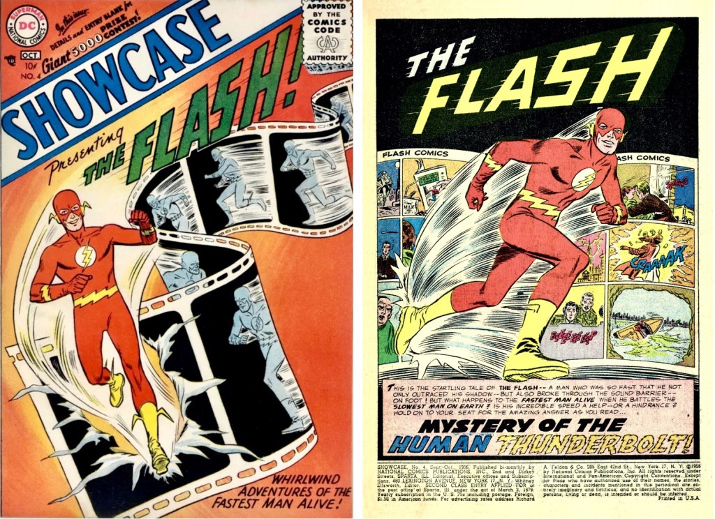 Omslag till Showcase #4 (1956) och inledande sida med The Flash av Robert Kanigher (manus), Carmine Infantino (skiss) och Joe Kubert (tusch). ©DC/National Periodical