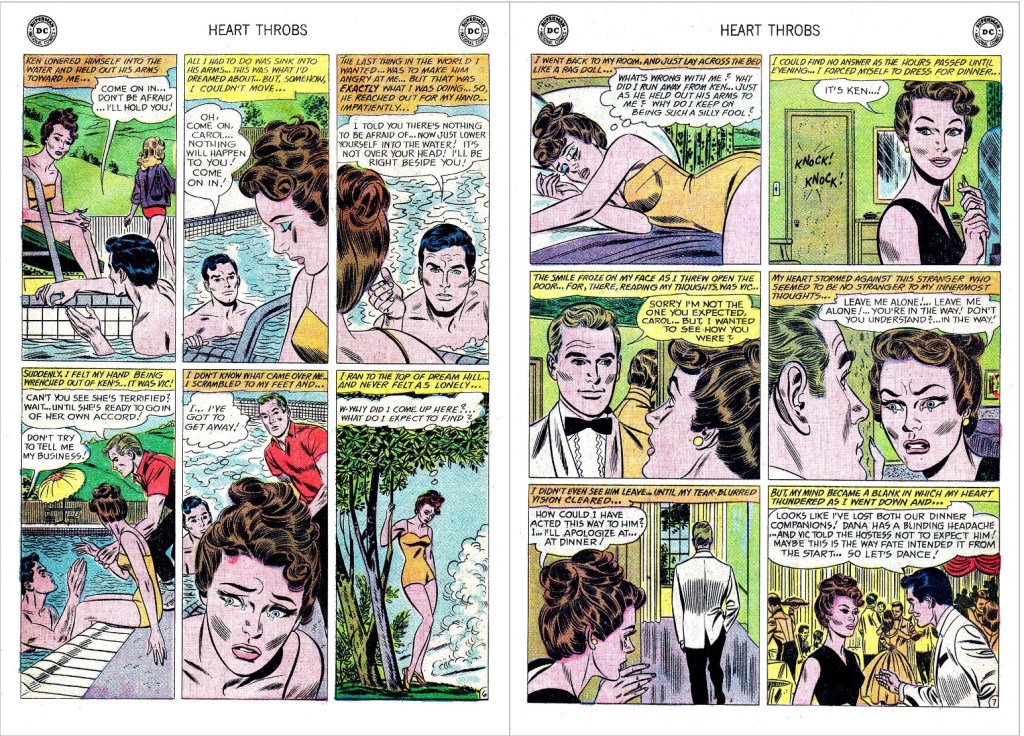 Ett uppslag från serien ’The Girl in His Arms!’ ur Heart Throbs #78 (1962) av John Romita, där Roy Lichtenstein kopierade detaljer ur den andra serierutan på höger sida för en tavla. ©National Periodical