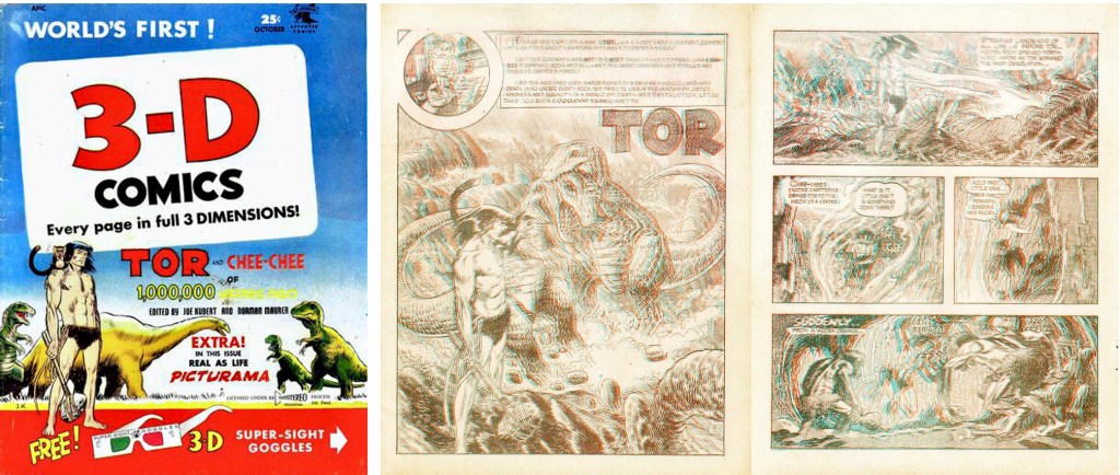 Omslag till 3-D Comics #2 (1953) och inledande sidor ur ’Tor’ av Joe Kubert. ©St. John