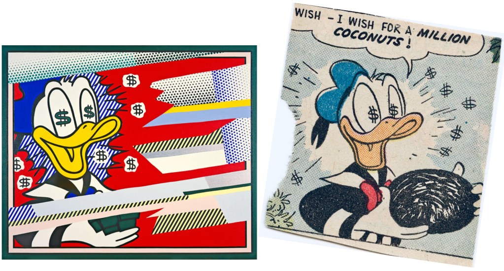 Lichtenstein kopierade Carl Barks: En serieruta ur Walt Disney's Comics & Stories #211, och ‘Reflections: Portrait if à Duck’ (1962). ©Lichtenstein/Walt Disney