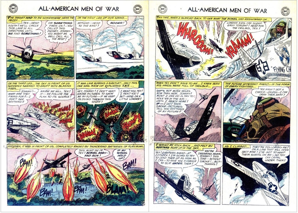 Ett uppslag från serien ’The Star Jockey!’ ur All American Men of War #89 (1962) av Irv Novick, där Roy Lichtenstein kopierade en del av den första serierutan. ©National Periodical