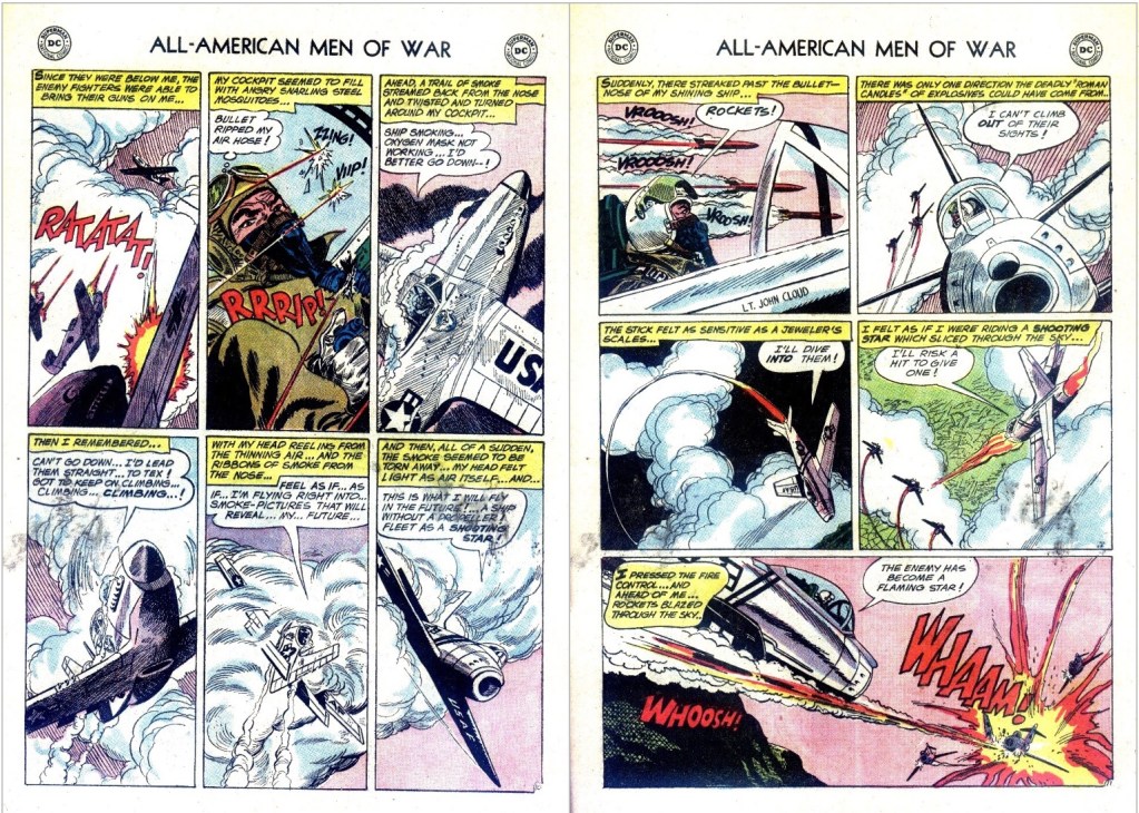 Ett uppslag ur serien ’The Star Jockey!’ med Johnny Cloud från All American Men of War #89 (1962) tecknat av Irv Novick, där den sista serierutan på höger sida känns igen i tavlan. ©National Periodical