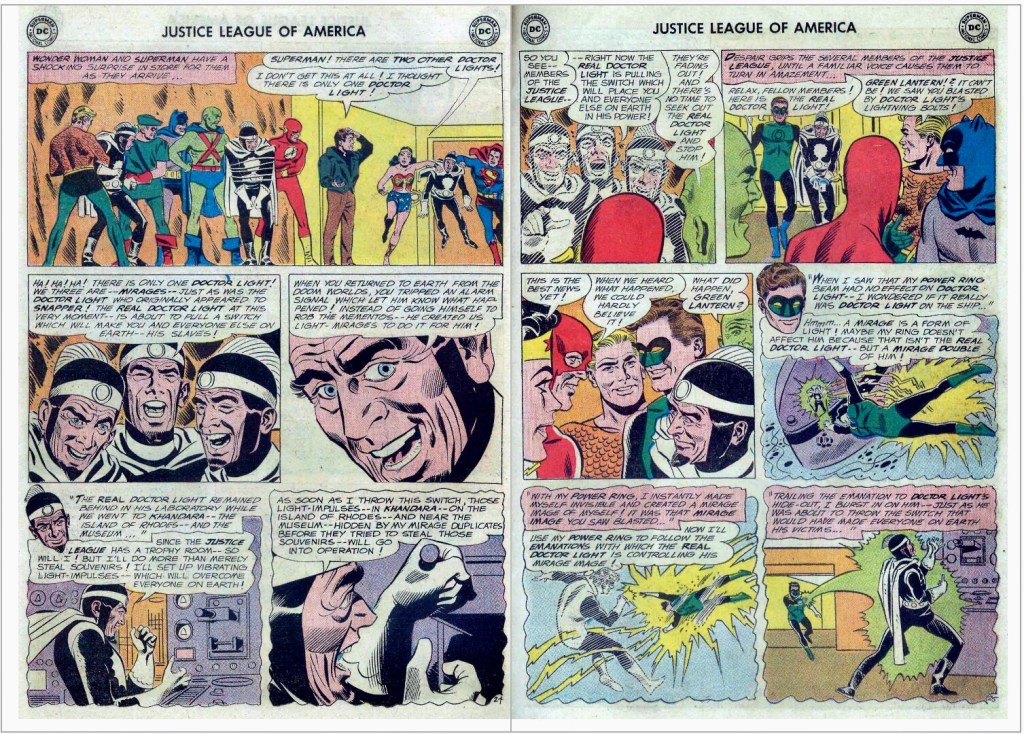 Ett uppslag från serien ’The Last Case of the Justice League!’ ur Justice League of America #12 (1962) av Mike Sekowsky, där Roy Lichtenstein kopierade sista serierutan på första sidan. ©National Periodical