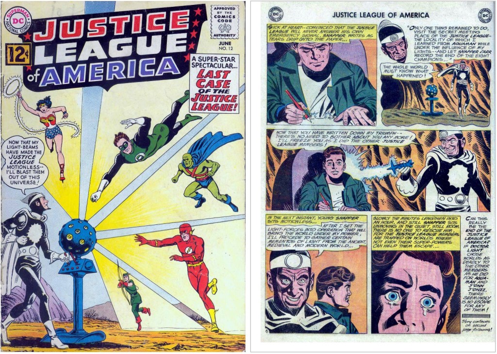 Omslag till Justice League of America #12 (1962) och en seriesida av Mike Sekowsky, där Roy Lichtenstein kopierade detaljer ur näst sista serierutan. ©National Periodical