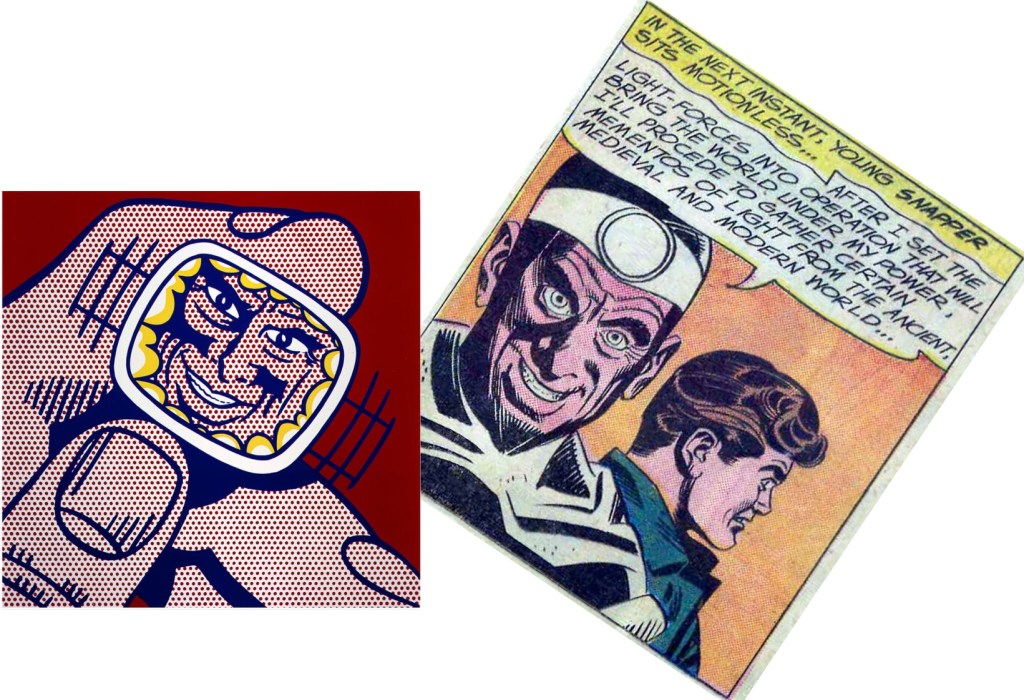 En serieruta ur Justice League of America #12 (1962), och ’Eccentric Scientist’ (1963). ©Lichtenstein/National Periodical
