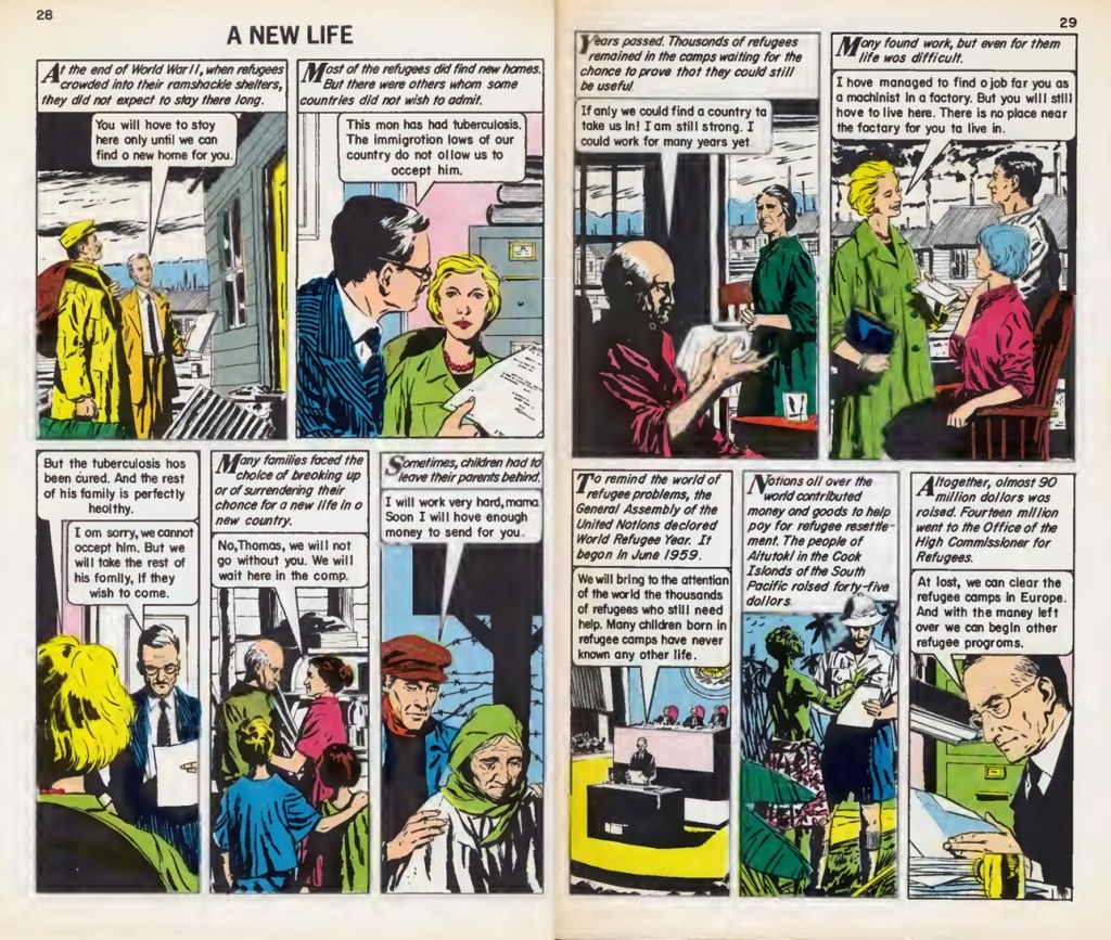 Inledande uppslag till ’A New Life’ ur Classics Illustrated Special Issue (1964) The United Nations. ©Gilberton