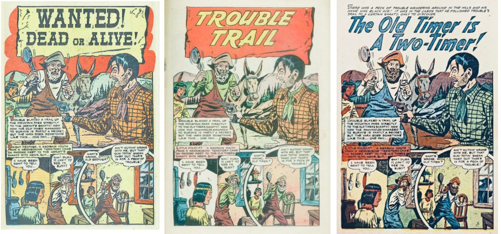 Motsvarande inledande sida i original ur Lone Rider #6 (1952), Lone Eagle #4 (1954), och Oklahoma Kid #3 (1957). ©Farrell