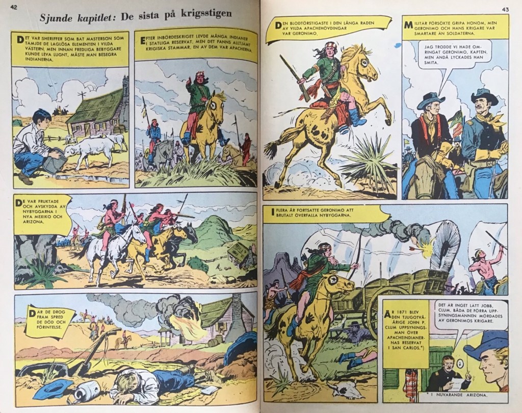 Inledande uppslag från ’De sista på krigsstigen’ ur Illustrerade klassiker dubbelnummer nr 4 (1960). ©IK