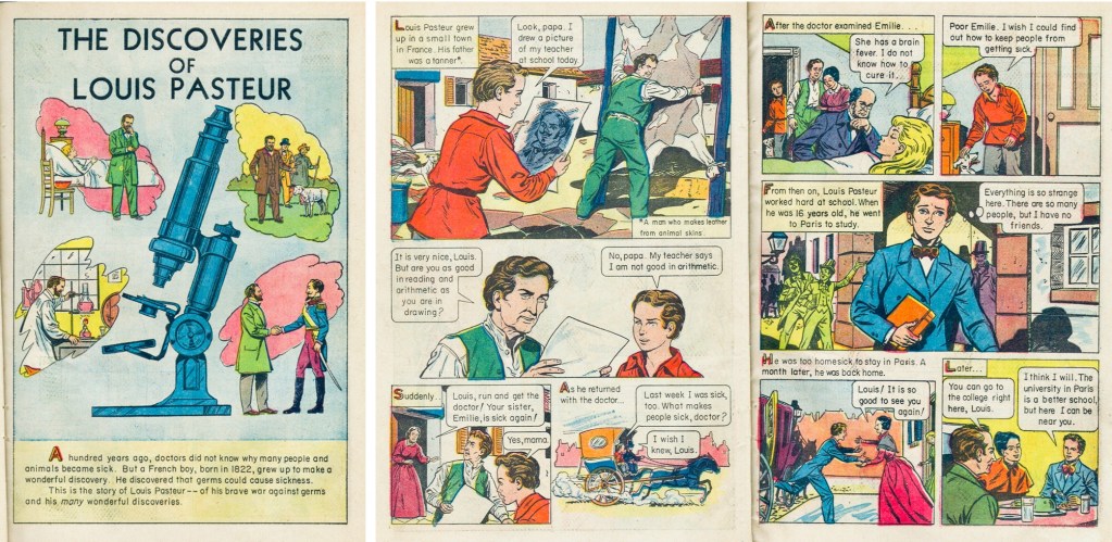 Inledande sidor med ’The Discoveries of Louis Pasteur’ ur Classics Illustrated Special Issue #138A (1957). ©Gilberton