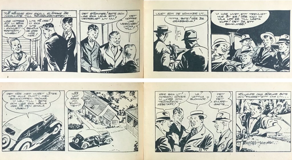 Ett par uppslag ur Dick vid Radiopolisen nr 27, 1954, sid 2-5, med inledningen till ’Round Trip from the Big House’. ©Bulls
