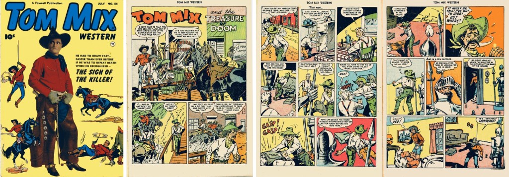 Omslag till Tom Mix Western #55 (1952) och motsvarande inledande sidor i original med episoden ’The Treasure of Doom’. ©Fawcett
