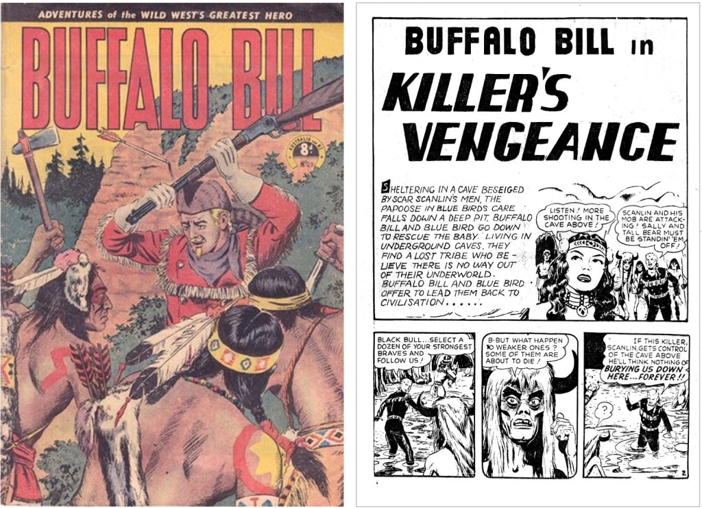 Omslag till australiska Buffalo Bill #23 (möjligen 1953), och en motsvarande sida ur inlagan med återtryck av dagspresserien, sannolikt från 1952. ©Horwitz/UFS