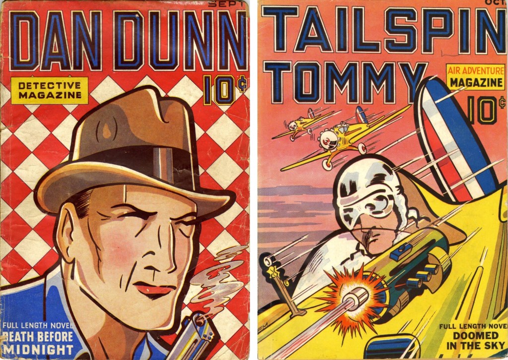 Omslag av Fred Meagher, dels till Dan Dunn Detective Magazine #1, det första av endast två nummer, dels till Tailspin Tommy Air Adventure Magazine #1 (båda 1936) från CJH Publications. ©Hershey