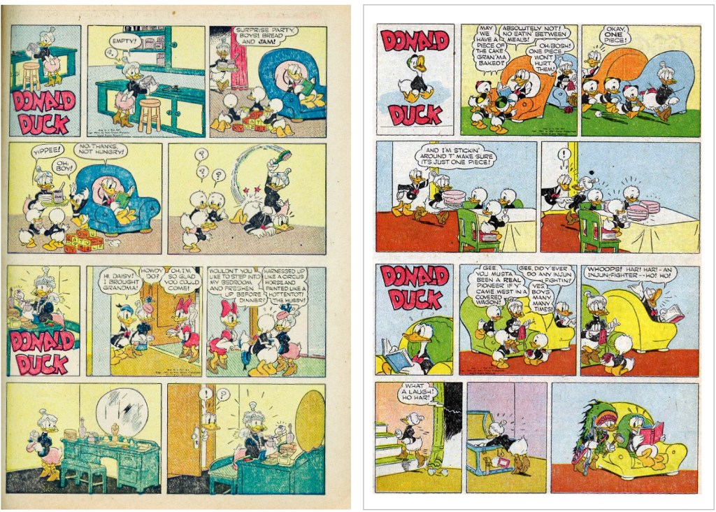 Motsvarande sidor i original ur Walt Disney’s Comics and Stories #79 och #80 (1947). ©Disney