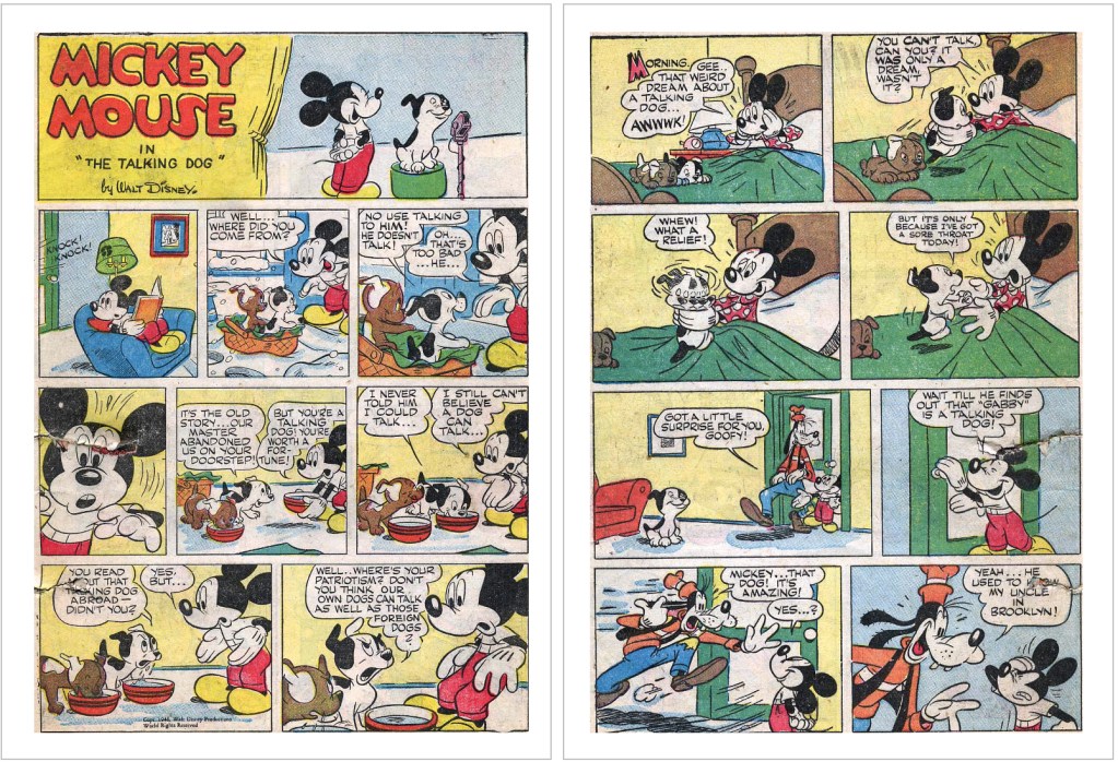 Två motsvarande inledande sidor ur Walt Disney’s Comics and Stories #100 (1949). ©Disney