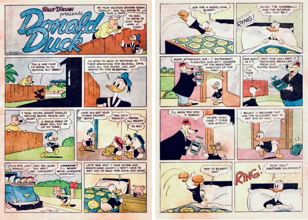 Två inledande sidor i original ur Walt Disney’s Comics and Stories #83 (1947). ©Disney