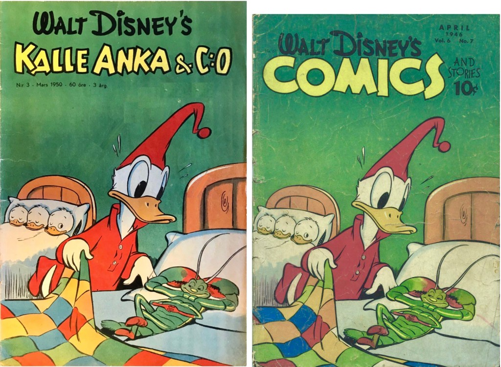 Omslag till Kalle Anka & C:o nr 3, 1950 och Walt Disney’s Comics and Stories #67 (1946). ©Disney