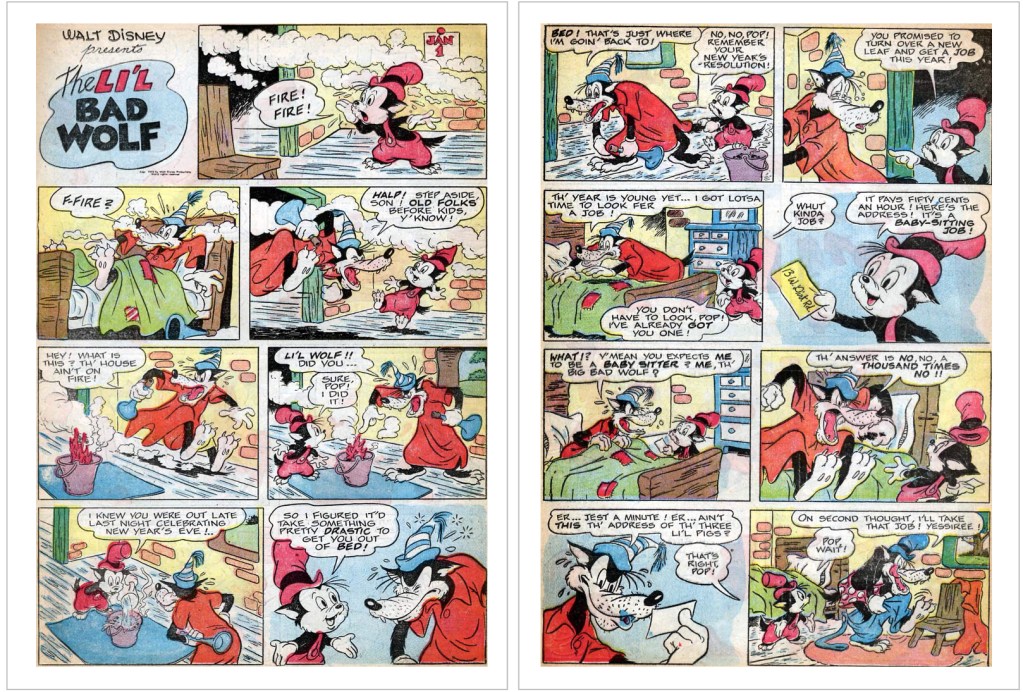 Två motsvarande inledande sidor ur Walt Disney’s Comics and Stories #101 (1949). ©Disney