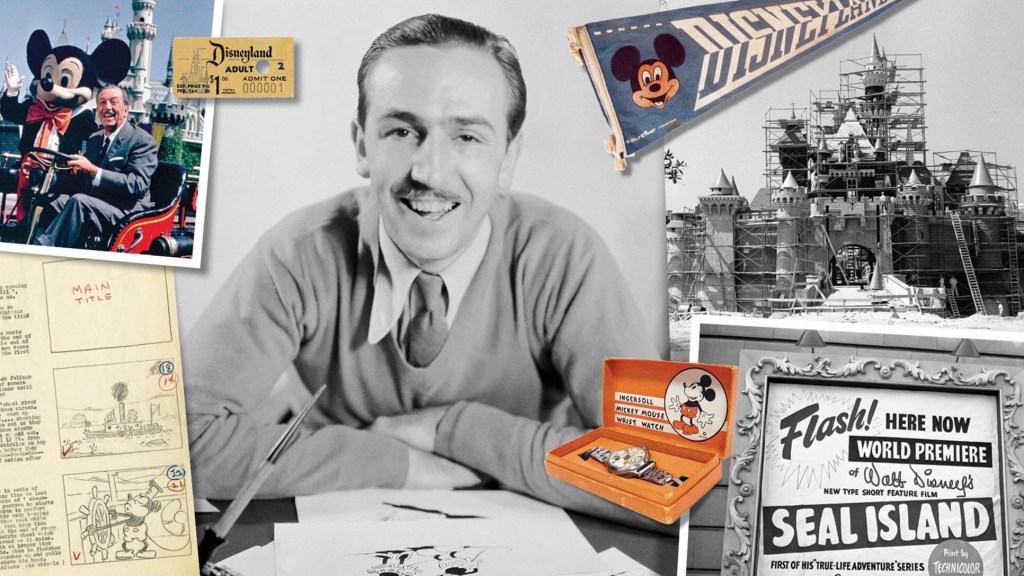 Walt Disney (mitten) med några milstolpar i karriären (se nedan). ©Disney