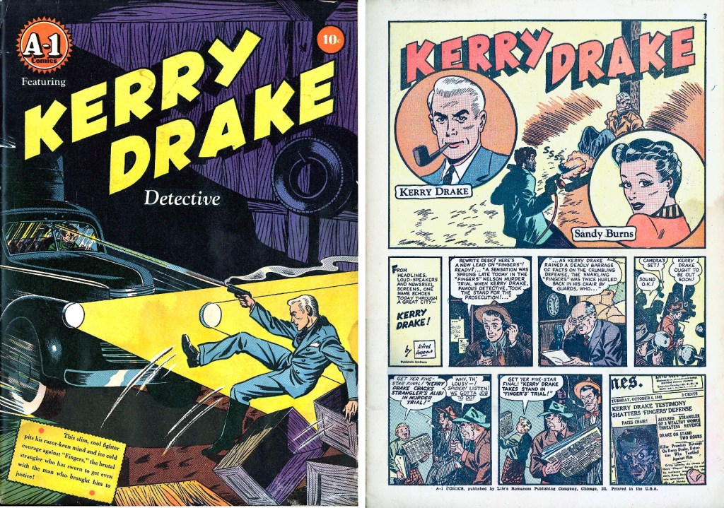 Omslag till A-1 Comics #1 (1945) och inledande sida med Kerry Drake. ©Magazine Enterprises