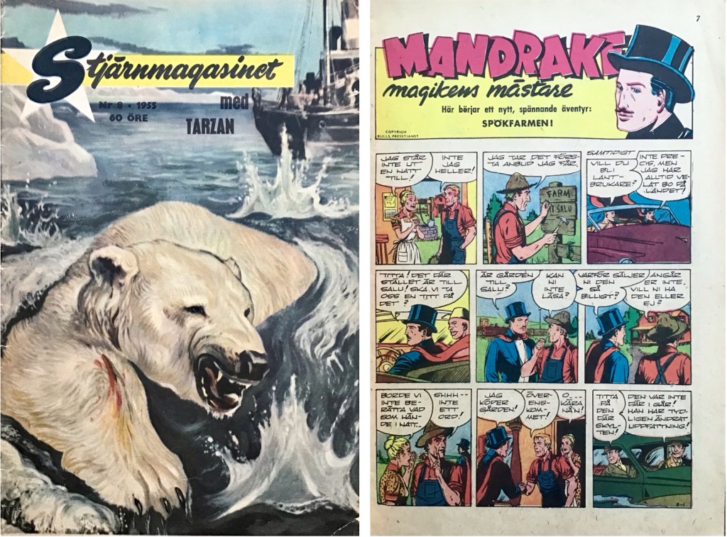 Omslag till Stjärnmagasinet nr 8, 1955, och inledande sida ”Spökfarmen” med Mandrake. ©Åhlén&Åkerlund/Bulls