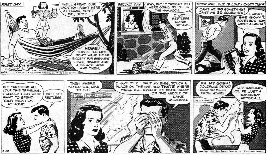 Ett par motsvarande strippar i original med episoden Doldrums, från 22-23 augusti 1951. ©KFS