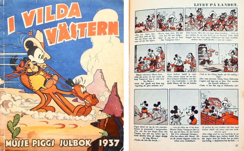 Omslag till Musse Piggs julbok 1937, och en sida ur inlagan. ©Åhlén&Åkerlund/Disney